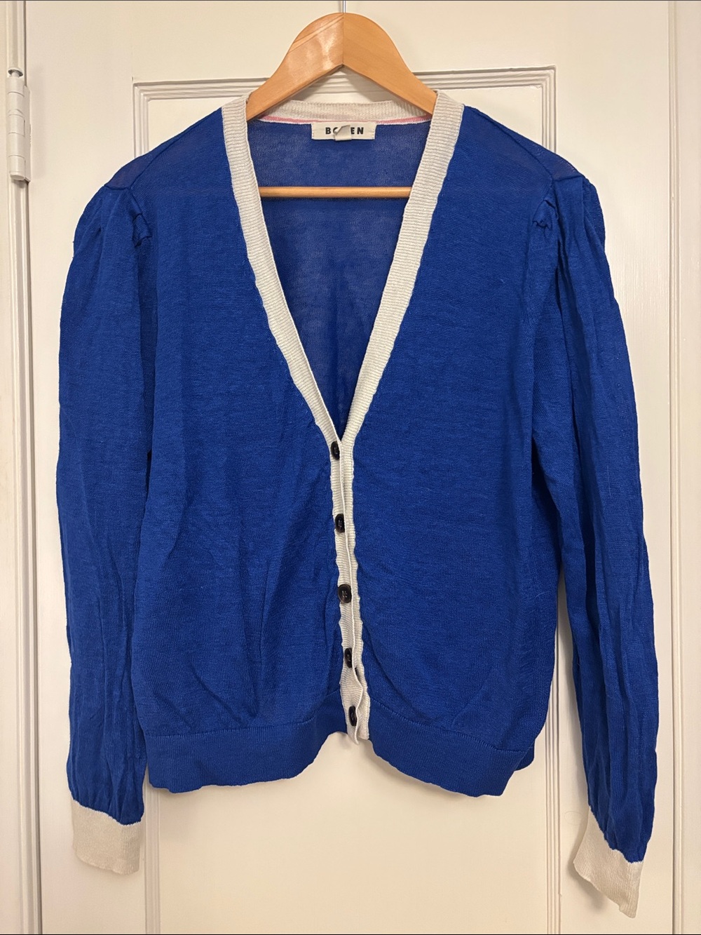 Boden Sheer Linen Cardigan, Blue with Cream Trim
